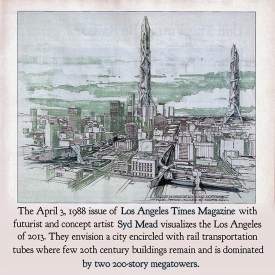 The April 3, I988 issue of Los Angeles Times Magazine with futurist and concept artist Syd Mead visualizes the Los Angeles of 2013. They envision a ci