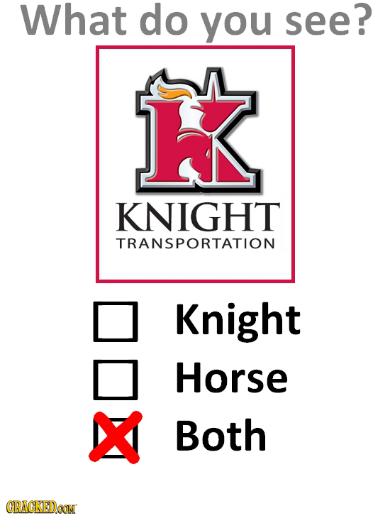 What do you see? K KNIGHT TRANSPORTATION Knight Horse Both CRACKEDCON 