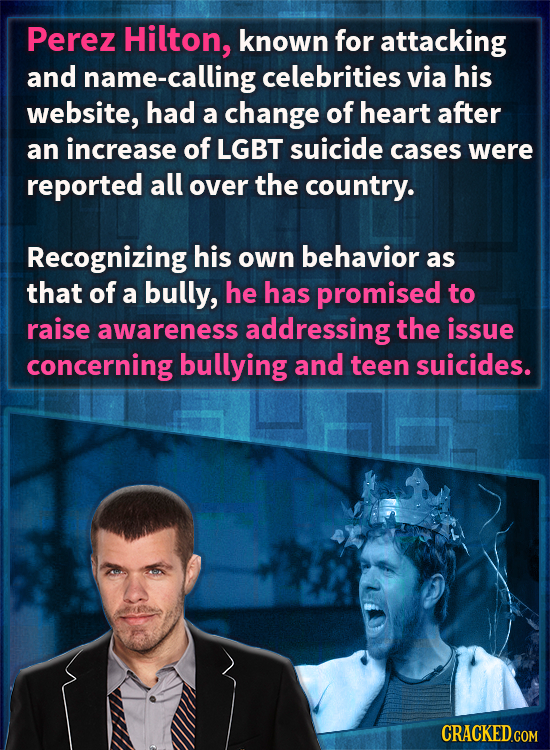 Perez Hilton, known for attacking and name-calling celebrities via his website, had a change of heart after an increase of LGBT suicide cases were rep