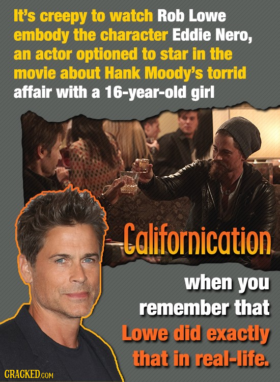 It's creepy to watch Rob Lowe embody the character Eddie Nero, an actor optioned to star in the movie about Hank Moody's torrid affair with a 16-year-