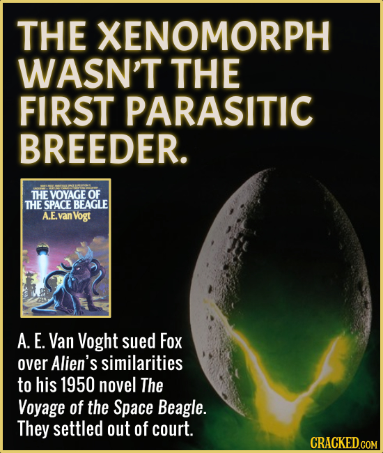 THE XENOMORPH WASN'T THE FIRST PARASITIC BREEDER. THE VOYAGE OF THE SPACE BEAGLE A.E. van Vogt A. E. Van Voght sued Fox over Alien's similarities to h