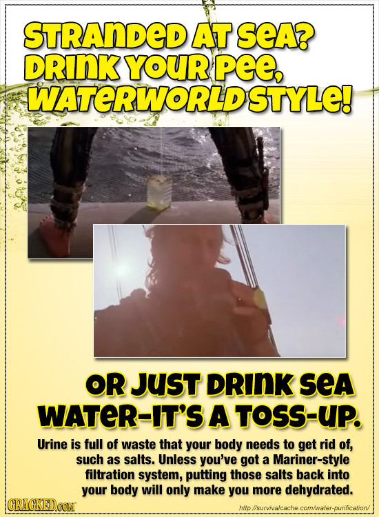 STRANDED AT SeA? DRINK YOUR PE, WATERWORLD STYLE! OR JUsT DRINK SeA WATER-IT'S A TOSS-UP. Urine is full of waste that your body needs to get rid of, s