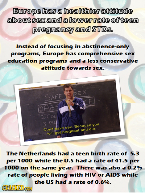 Europe has a healthier attitude about sex and a lower rate ofteen pregnangy and STDs. Instead of focusing in abstinence-only programs, Europe has comp