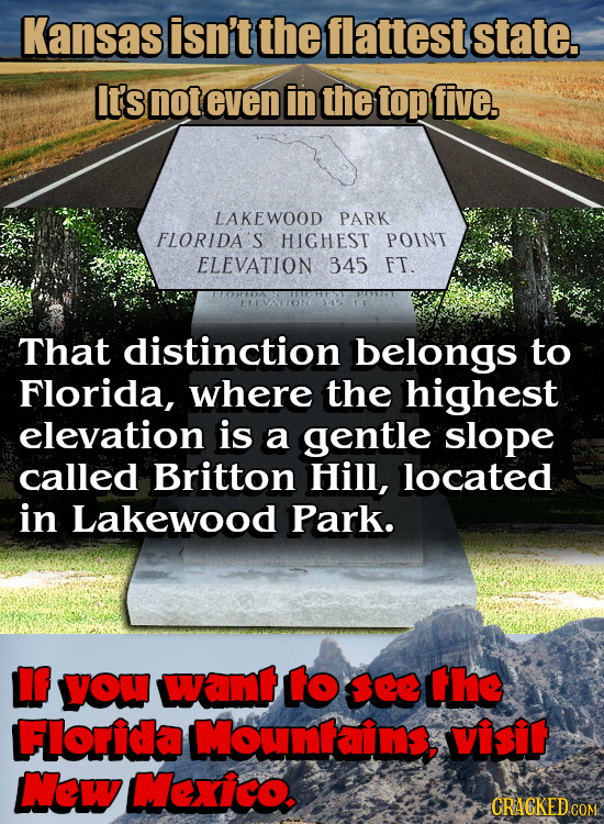Kansas isn't the flattest state. It's not even in the top five. LAKEWOOD PARK FLORIDA'S HIGHEST POINT ELEVATION 345 FT. ELEVATION That distinction bel