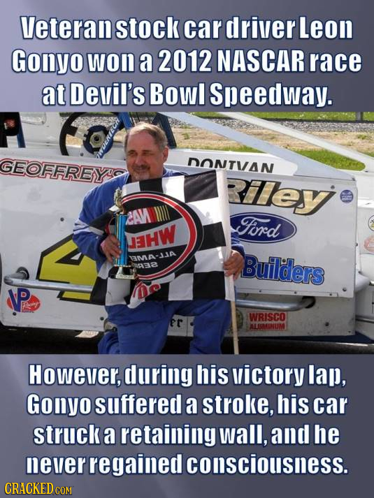 Veteran stock car driver Leon Gonyo won a 2012 NASCAR race at Devil's Bowl Speedway. GEOFFREY'S DONTVAN Rey 2AM Ford JEHW TAMA-JJA Builders aa P WRISC