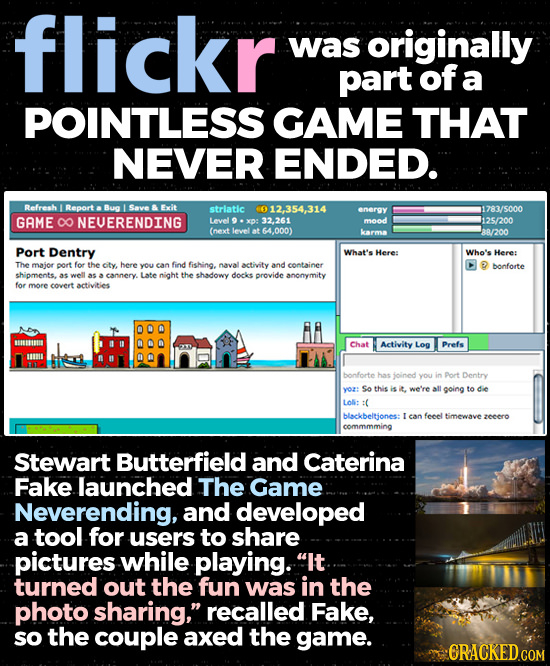 flickr was originally part of a POINTLESS GAME THAT NEVER ENDED. Refresh Report Bua Save Exit strlatic 12,354,314 energy 11783/5000 GAME O NEUERENDING
