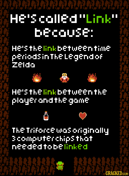 HE'SCoEdLink becouse: HE'S thE link betweentime pEriods in THE Legendor ZEldo HE'S thE linkbetWenthe ployer ond thE gome THE Trifoice wos originolly