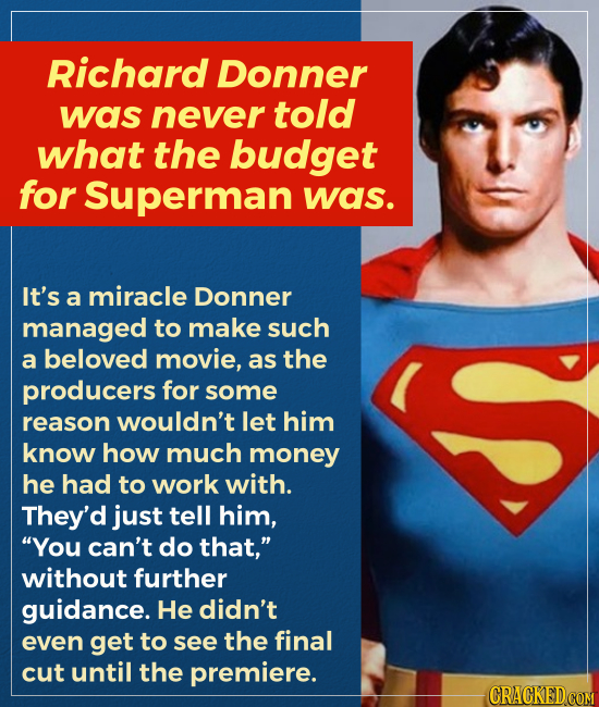 Richard Donner was never told what the budget for Superman was. It's a miracle Donner managed to make such a beloved movie, as the producers for some