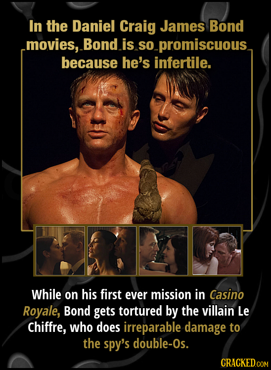 In the Daniel Craig James Bond movies, Bond is So so- promiscuous because he's infertile. While on his first ever mission in Casino Royale, Bond gets