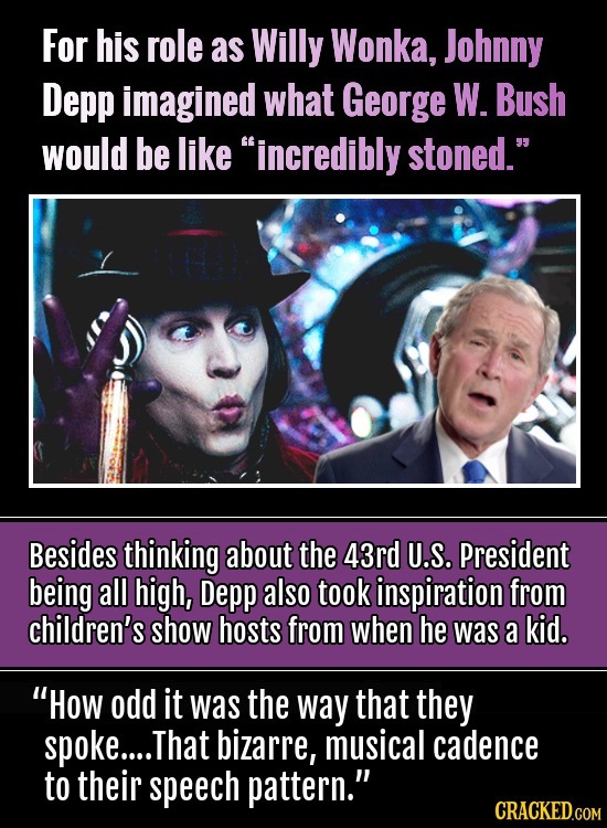 For his role as Willy Wonka, Johnny Depp imagined what George W. Bush would be like incredibly stoned. Besides thinking about the 43rd U.S. Presiden