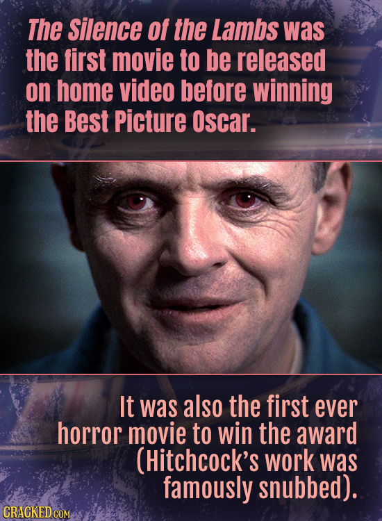 The Silence Of the Lambs was the first movie to be released on home video before winning the Best Picture Oscar. It was also the first ever horror mov