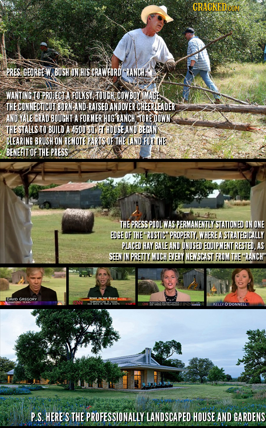 PRES. GEORGE W BUSH ON HIS CRAWEORD RANCH. WANTING TO PROJECTA FOLKSY TOUCH. COWBOY IMAGE THE CONNECTICUT BORN ND- RAISED ANDOVER CHEER LEADER AND Y