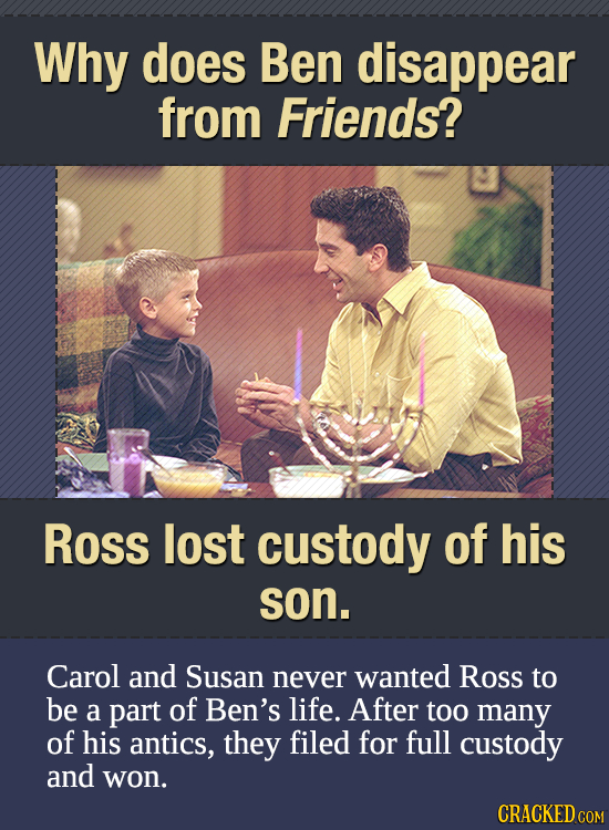 Why does Ben disappear from Friends? Ross lost custody of his son. Carol and Susan never wanted Ross to be a part of Ben's life. After too many of his