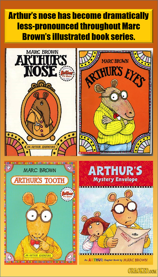 Arthur's nose has become dramatically less-pronounced throughout Marc Brown's illustrated book series. MARC BROWN ARTHUR'S MARC BROWN NOSE AShur EYES