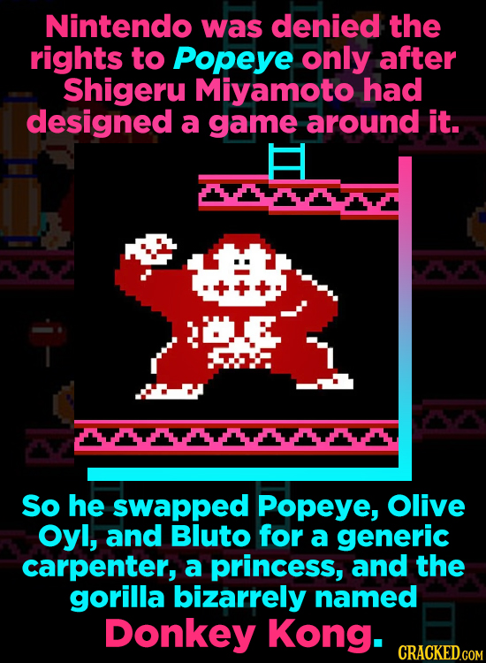 Nintendo was denied the rights to Popeye only after Shigeru Miyamoto had designed a game around it. So he swaPpEd Popeye, Olive Oyl, and Bluto for a g