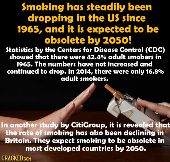 Smoking has steadily been dropping in the US since 1965, and it is expected to be obsolete by 2050! Statistics by the Centers for Disease Control (CDC
