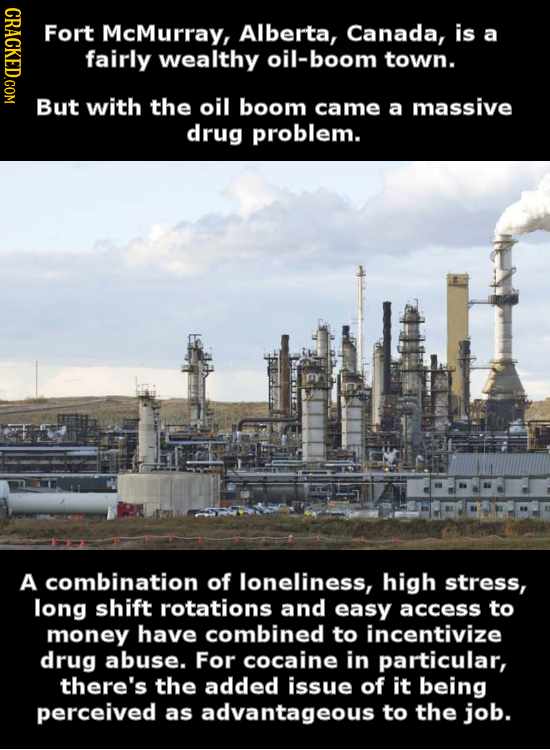 RACU Fort McMurray, Alberta, Canada, is a fairly wealthy oil-boom town. But with the oil boom came a massive drug problem. A combination of loneliness
