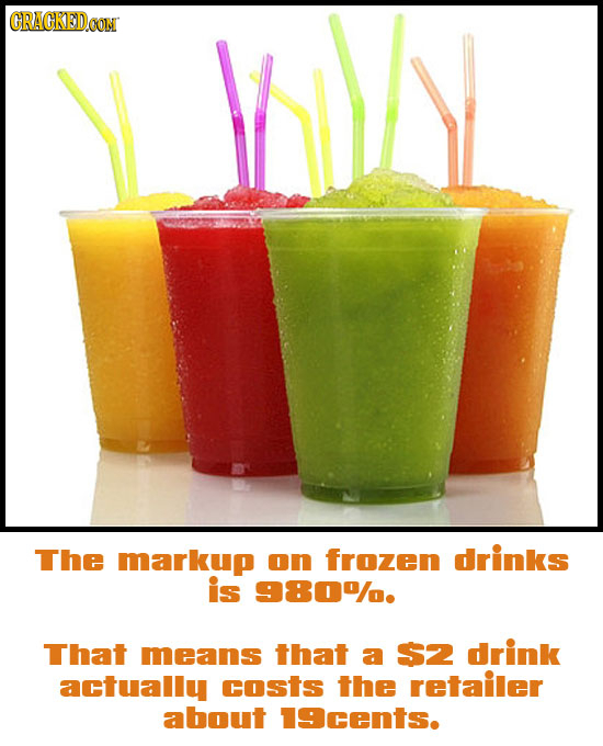 CRACKEDOON LMyy The markup on frozen drinks is 980%/. That means that a $2 drink actually costs the retailer about 19cents. 