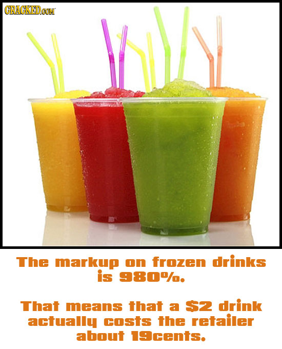 CRACKEDOON LMyy The markup on frozen drinks is 980%/. That means that a $2 drink actually costs the retailer about 19cents.