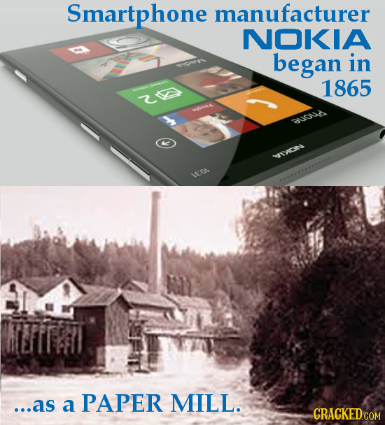 Smartphone manufacturer NOKIA began in 1865 Z 00t 3uoud PNON ISOL ...as a PAPER MILL. CRACKED COM 