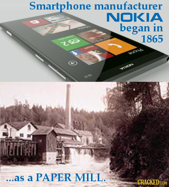 Smartphone manufacturer NOKIA began in 1865 Z 00t 3uoud PNON ISOL ...as a PAPER MILL. CRACKED COM