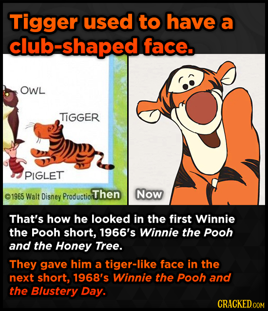 Tigger used to have a club-shaped face. OWL TIGGER PIGLET Walt Disney oThen Now 1965 Production That's how he looked in the first Winnie the Pooh shor