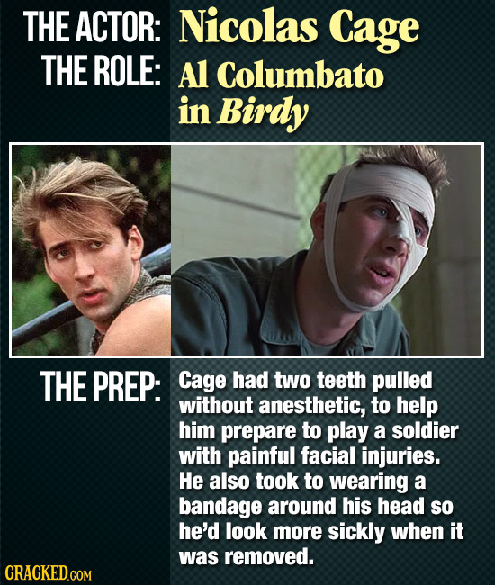 THE ACTOR: Nicolas Cage THE ROLE: Al Columbato in Birdy THE PREP: Cage had two teeth pulled without anesthetic, to help him prepare to play a soldier