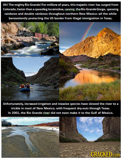 Ah! The mighty Rio Grande! For milllions of years, this majestic river has surged from Colorado, faster than a speeding locomotive, carving theRio Gra