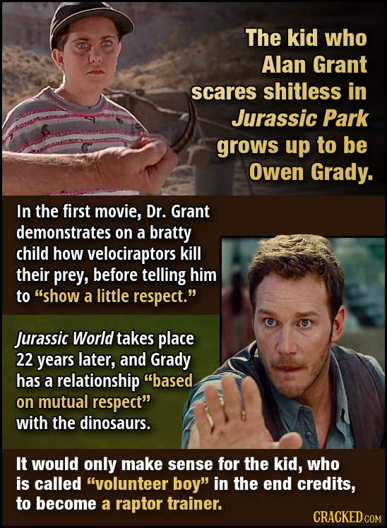 The kid who Alan Grant scares shitless in Jurassic Park grows up to be Owen Grady. In the first movie, Dr. Grant demonstrates on a bratty child how ve