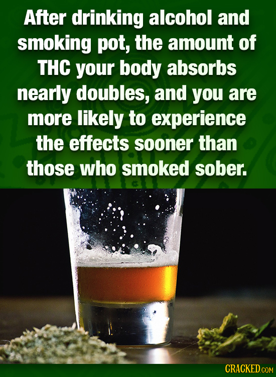 After drinking alcohol and smoking pot, the amount of THC your body absorbs nearly doubles, and you are more likely to experience the effects sooner t