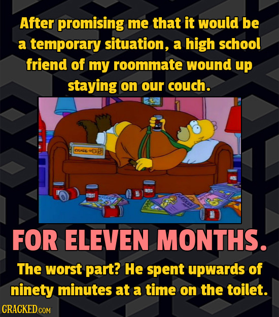 After promising me that it would be a temporary situation, a high school friend of my roommate wound up staying on our couch. CRARE 90 FOR ELEVEN MONT