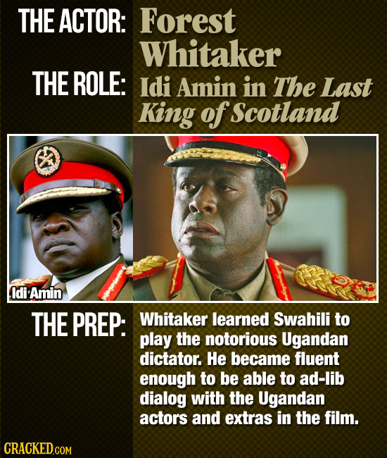THE ACTOR: Forest Whitaker THE ROLE: Idi Amin in The Last King of Scotland Idi Amin THE PREP: Whitaker learned Swahili to play the notorious Ugandan d