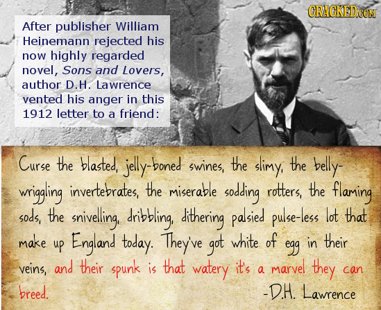 After publisher William Heinemann rejected his now highly regarded novel, Sons and Lovers, author D.H. Lawrence vented his anger in this 1912 letter t