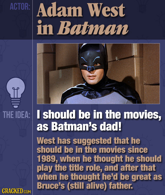 ACTOR: Adam West in Batman THE IDEA: I should be in the movies, as Batman's dad! West has suggested that he should be in the movies since 1989, when h