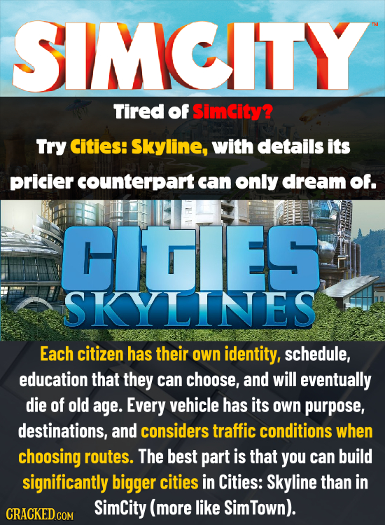 SMCITY Tired of Simcity? Try Cities: Skyline, with details its pricier counterpart can only dream Of. CIGIES SKYLINES Each citizen has their own ident