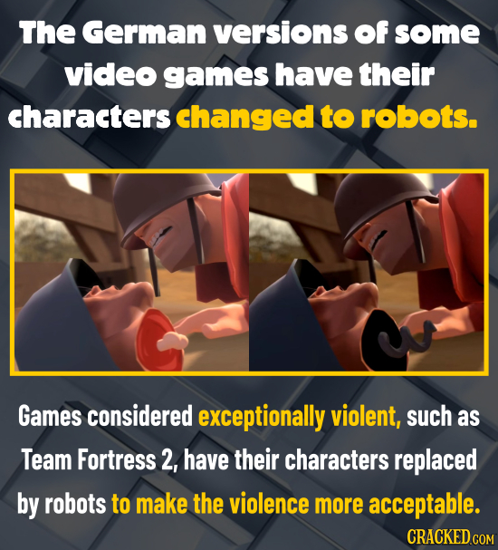 The German versions of some video games have their characters changed to robots. Games considered exceptionally violent, such as Team Fortress 2, have
