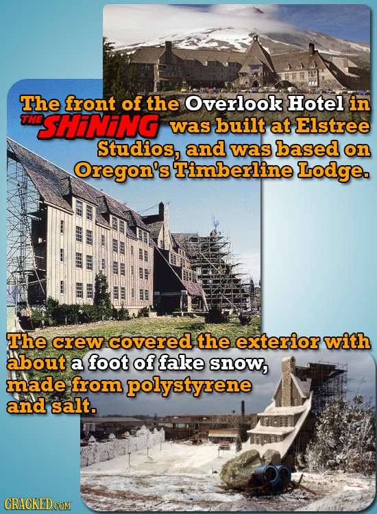 The front of the Overlook Hotel in THE SHiNiNG was built at Elstree Studios, and was based on Oregon's Timberline Lodge. EY The crew covered the exter