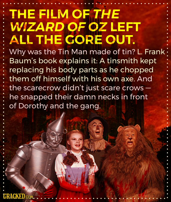 THE FILM OF THE WIZARD OF OZ LEFT ALL THE GORE OUT. Why was the Tin Man made of tin? L. Frank Baum's book explains it: A tinsmith kept replacing his b