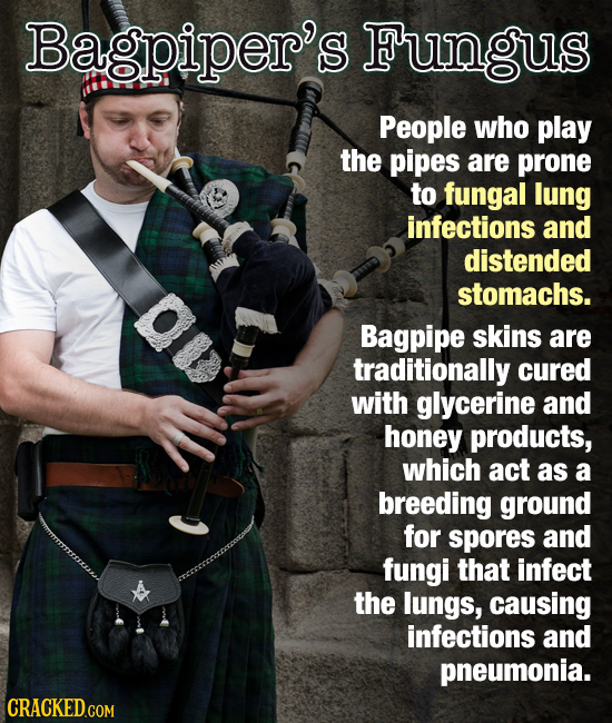 Bagpiper's Fungus People who play the pipes are prone to fungal lung infections and distended stomachs. Bagpipe skins are traditionally cured with gly