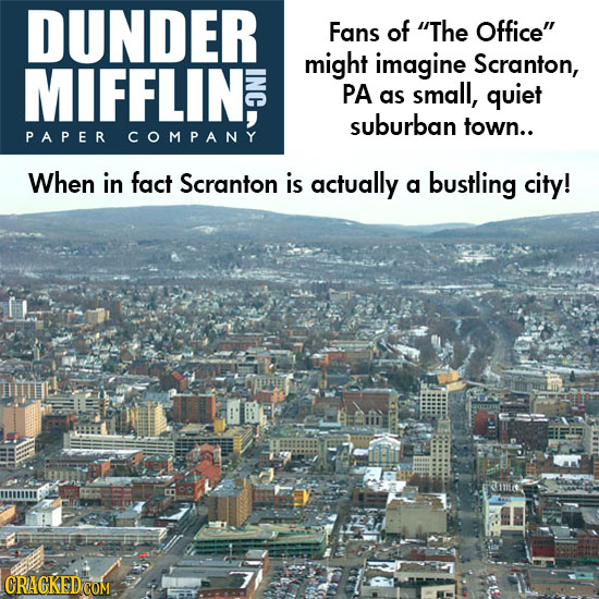 DUNDER Fans of The Office MIFFLIN, might imagine Scranton, PA as small, quiet suburban town.. PAPER COMPANY When in fact Scranton is actually a bust