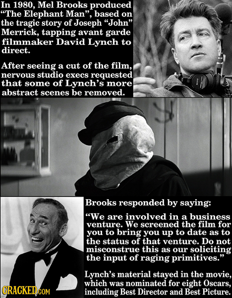 In 1980, Mel Brooks produced The Elephant Man, based on the tragic story of Joseph John Merrick, tapping avant garde filmmaker David Lynch to dire