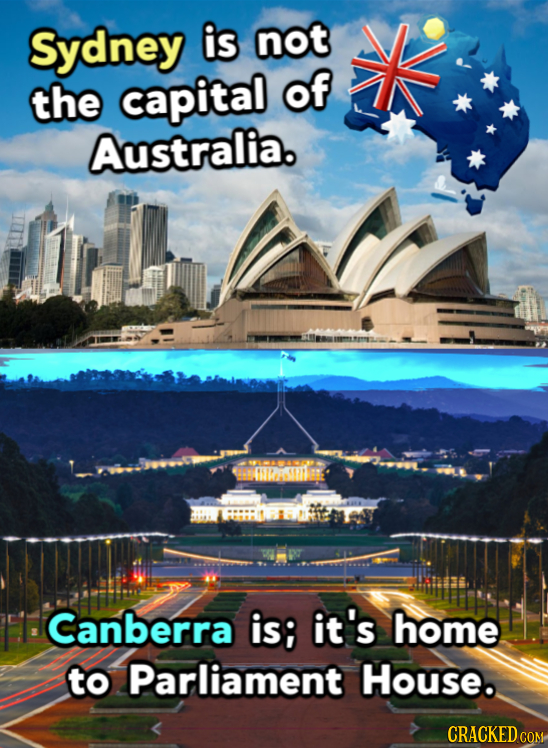 Sydney is not the capital of Australia. RHTY Canberra is; it's home to Parliament House. CRACKED CON 