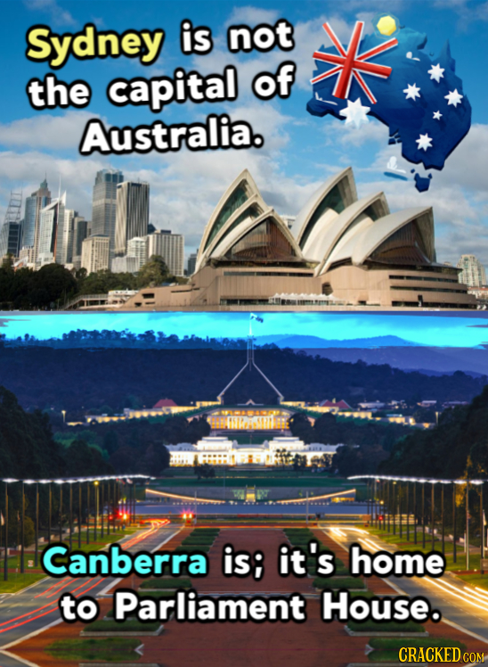 Sydney is not the capital of Australia. RHTY Canberra is; it's home to Parliament House. CRACKED CON