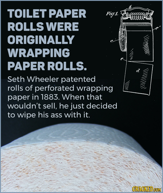 TOILET PAPER Fig:i. ROLLS WERE ORIGINALLY WRAPPING PAPER ROLLS. Seth Wheeler patented rolls of perforated wrapping paper in 1883. When that wouldn't s
