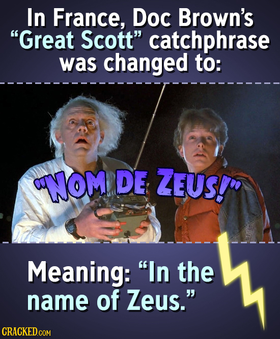 In France, Doc Brown's Great Scott catchphrase was changed to: NOM DE ZEUS! Meaning: In the name of Zeus.