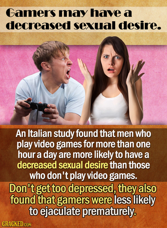 Gamers may have a decreased sexual desire. An Italian study found that men who play video games for more than one hour a day are more likely to have a