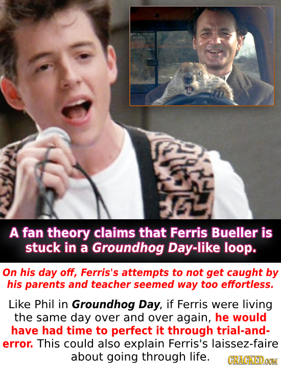 A fan theory claims that Ferris Bueller is stuck in a Groundhog Day-like loop. On his day off, Ferris's attempts to not get caught by his parents and