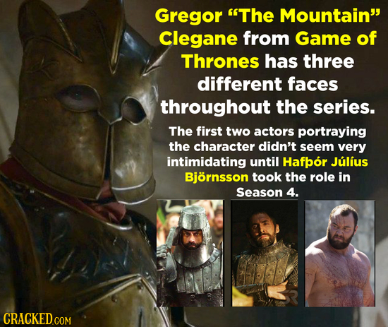 Gregor The Mountain Clegane from Game of Thrones has three different faces throughout the series. The first two actors portraying the character didn