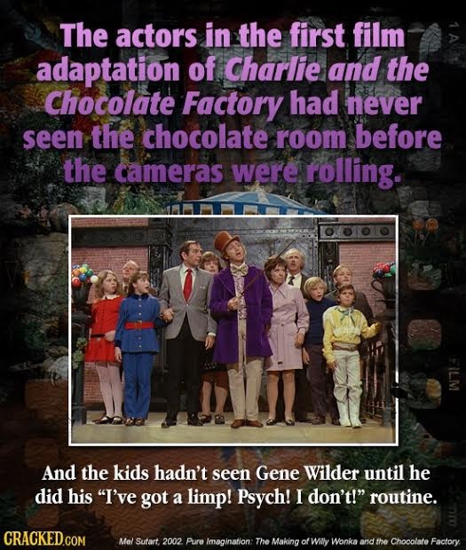 The actors in the first film adaptation of Charlie and the Chocolate Factory had never seen the chocolate room before the cameras were rolling. w And