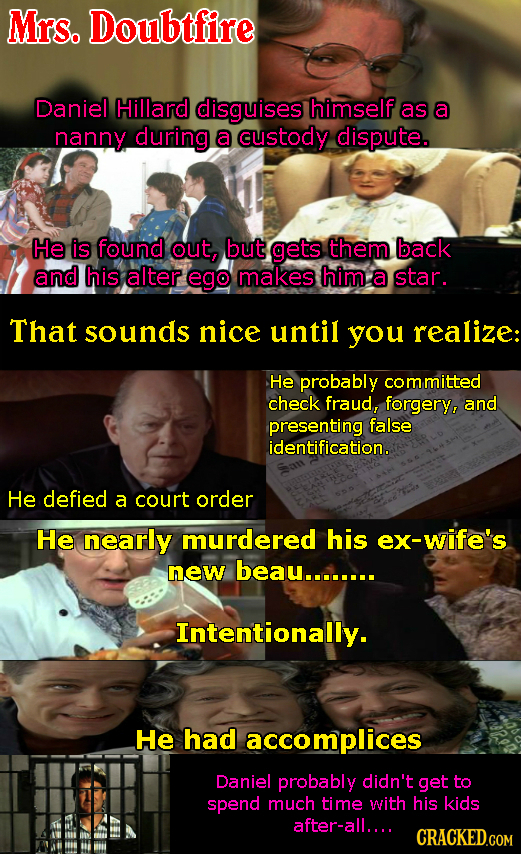Mrs. Doubtfire Daniel Hillard disguises himself as a nanny during a custody dispute. He is found out, but gets them back and his alter ego makes him a